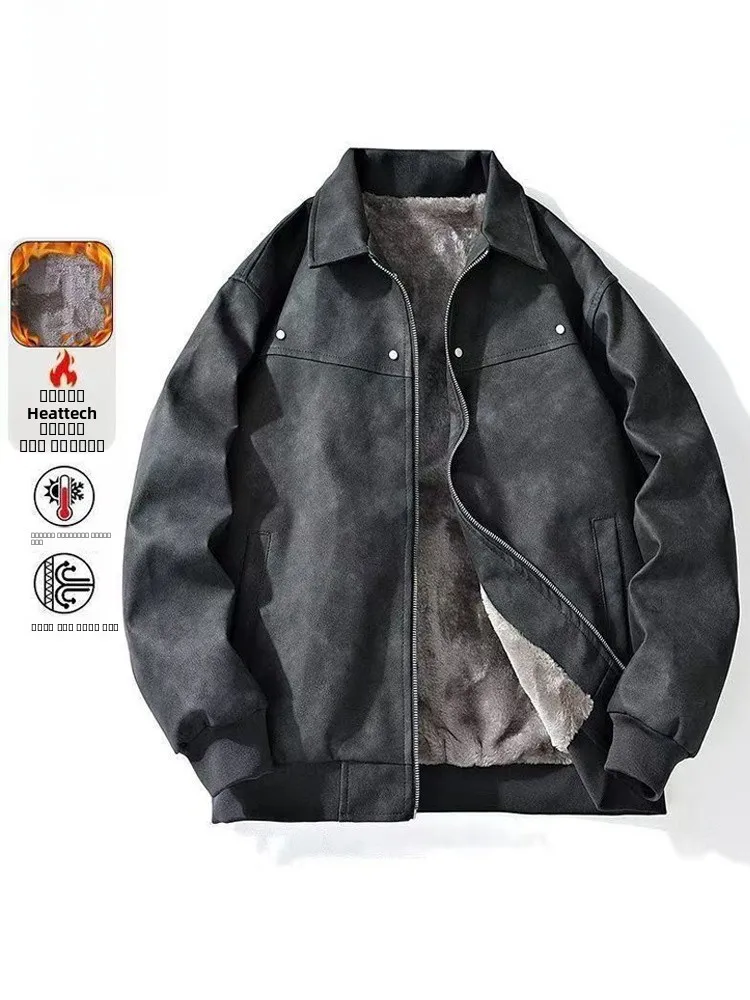 

American Sle Casual Faion Jaet Men's Retro Collar Versatile Leather Coat Spring Autumn Trendy Fce Lined Oute...