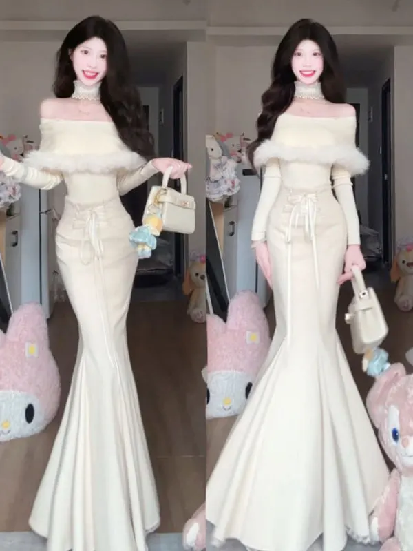 

Комплект из свитера на одно плечо и юбки-рыбки: комфортный, теплый, модный женский ансамбль для весны и осени