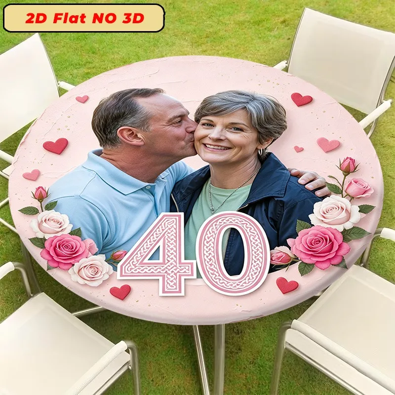 Elegant 40th Anniversary Couple Rose Heart Pink Custom Elastic Tablecloth 2D Flat Circular Tablecover for Special Occasions