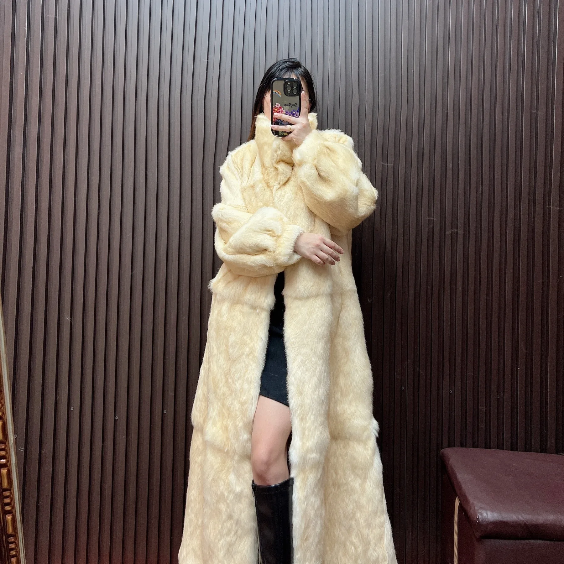 Furyoume جديد 100% معطف فرو الأرنب 120 سنتيمتر طول سميكة الدافئة الشتاء معاطف الفراء الحقيقي موضة الشارع الشهير الكورية Casaco Feminino