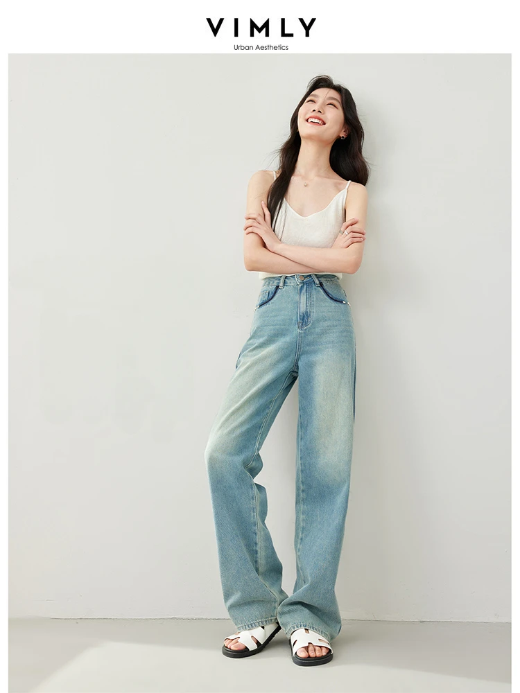 Vimly High Waist Baggy Jeans Women 2024 Spring Summer Straight Wide Leg Contrast Full Length Denim Pant Woman Clothing 16597