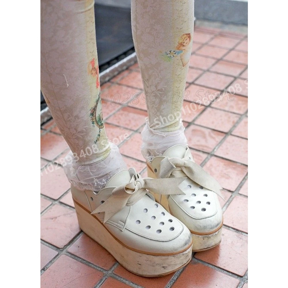 

White Hollow Front Lace-up Pumps Thick Soled New Design Leather Platform Fashion Party Sexy Women Shoes 2025 Spring Para Mujere