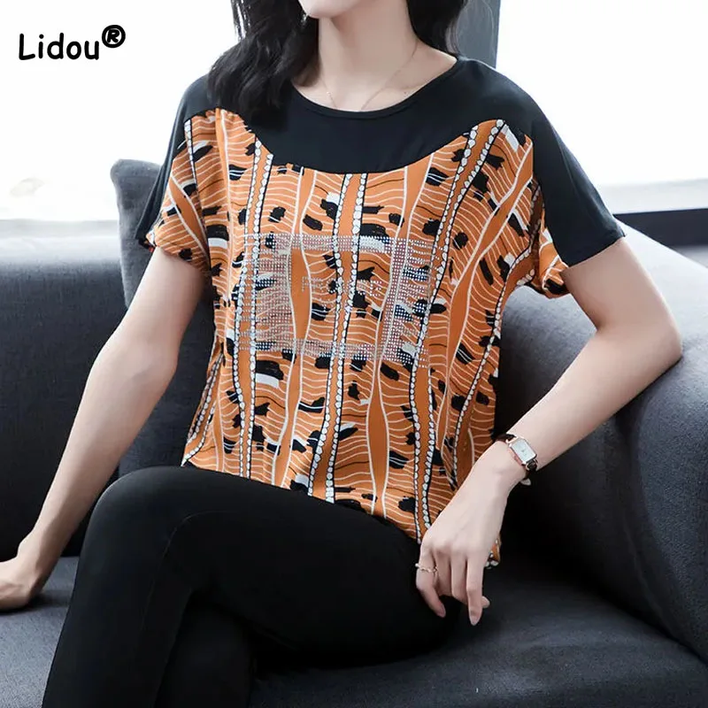 

Summer Women's Clothing Spliced Casual Short Sleeve T-shirt 2023 Loose Fashion All-match Round Neck Printed Tops for Female