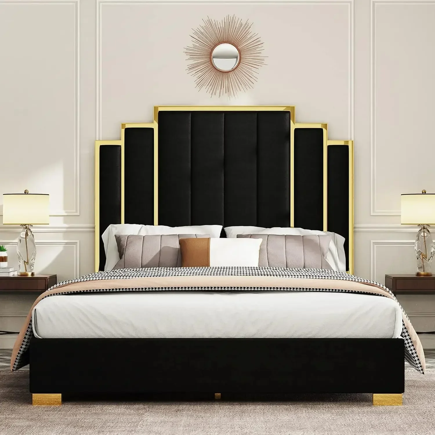 [Offerta a tempo limitato! ] Struttura letto con piattaforma queen size, letto imbottito in velluto da 61,4" con testiera con finiture dorate/doghe in legno/senza scatola Sp