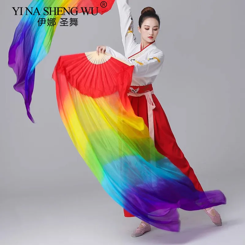 Belly Dance Rayon Silk Imitation Silk Fan Veil 1pc Left Hand+1pc Right Hand Bamboo Ribs Handmade Dyed Gradient Color Rainbow Fan