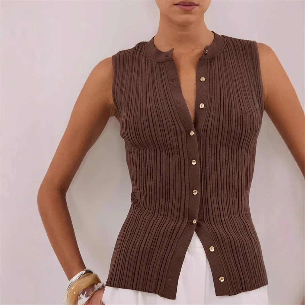 

Women Knitting Vest 2025 Summer Women's Sleeveless Ribbed Top Single Row Button Tight Vest New Knit Cardigan Style Bestseller