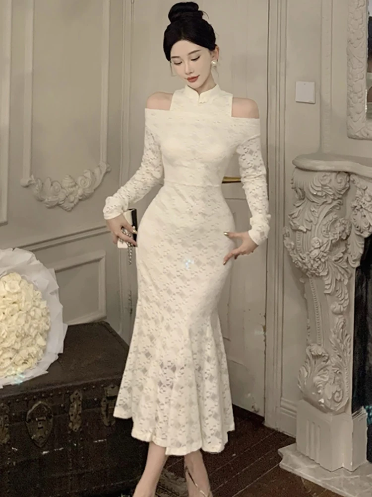 Herfst Winter Wit Kant Jacquard Chic Off Schouder Sexy Jurk Vrouwen Elegante Bodycon Luxe Jurk 2025, Koreaanse Vintage Prom Dress