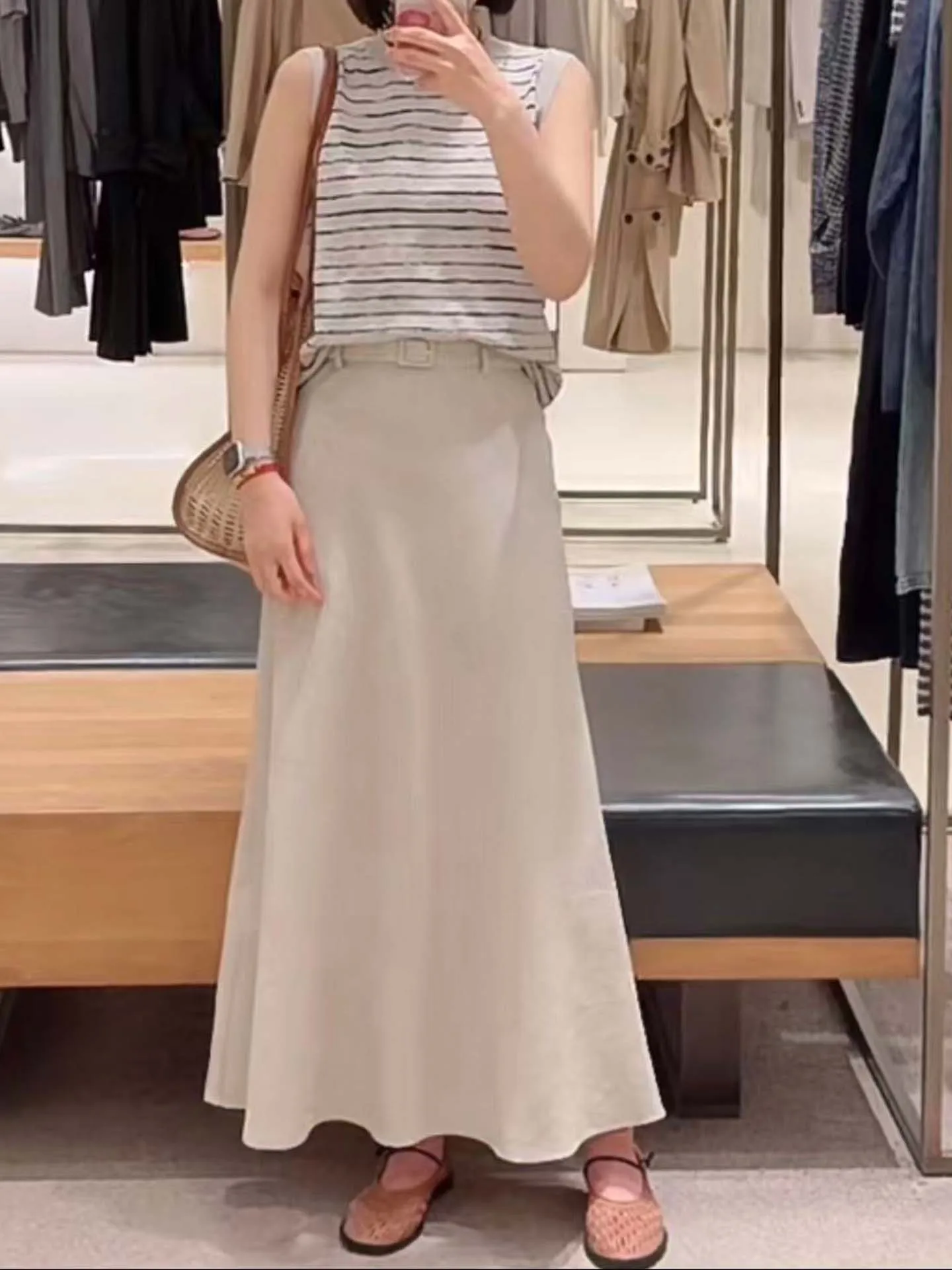 

Pure Original Quality Uncolored Series Long A-Line Skirt Women's Summer New Linen Plain Weave Half-length Skirt for Girls