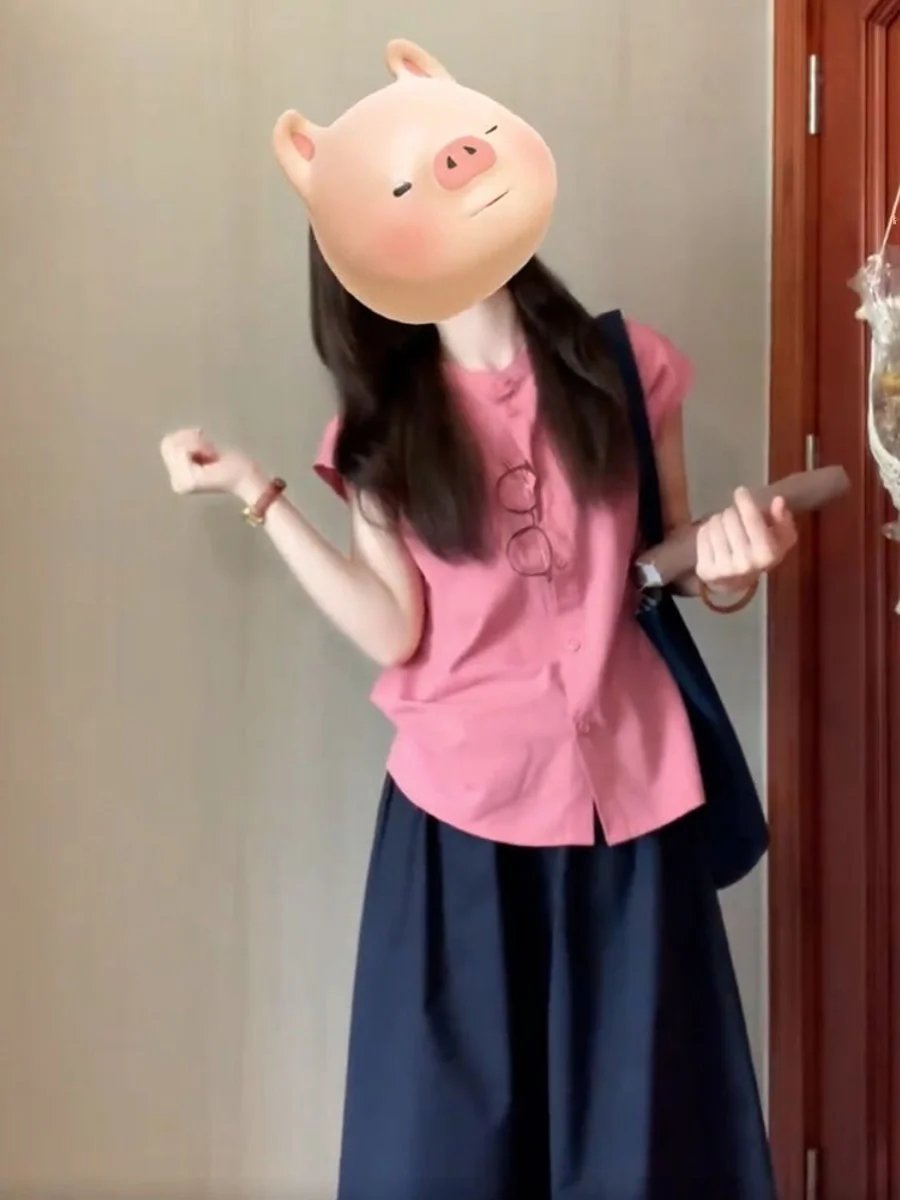 Estate 2024 Donna Rosa ort Sve irt Sle giapponese Design unico Casual Misto cotone Button up Classico rotondo Ne Top