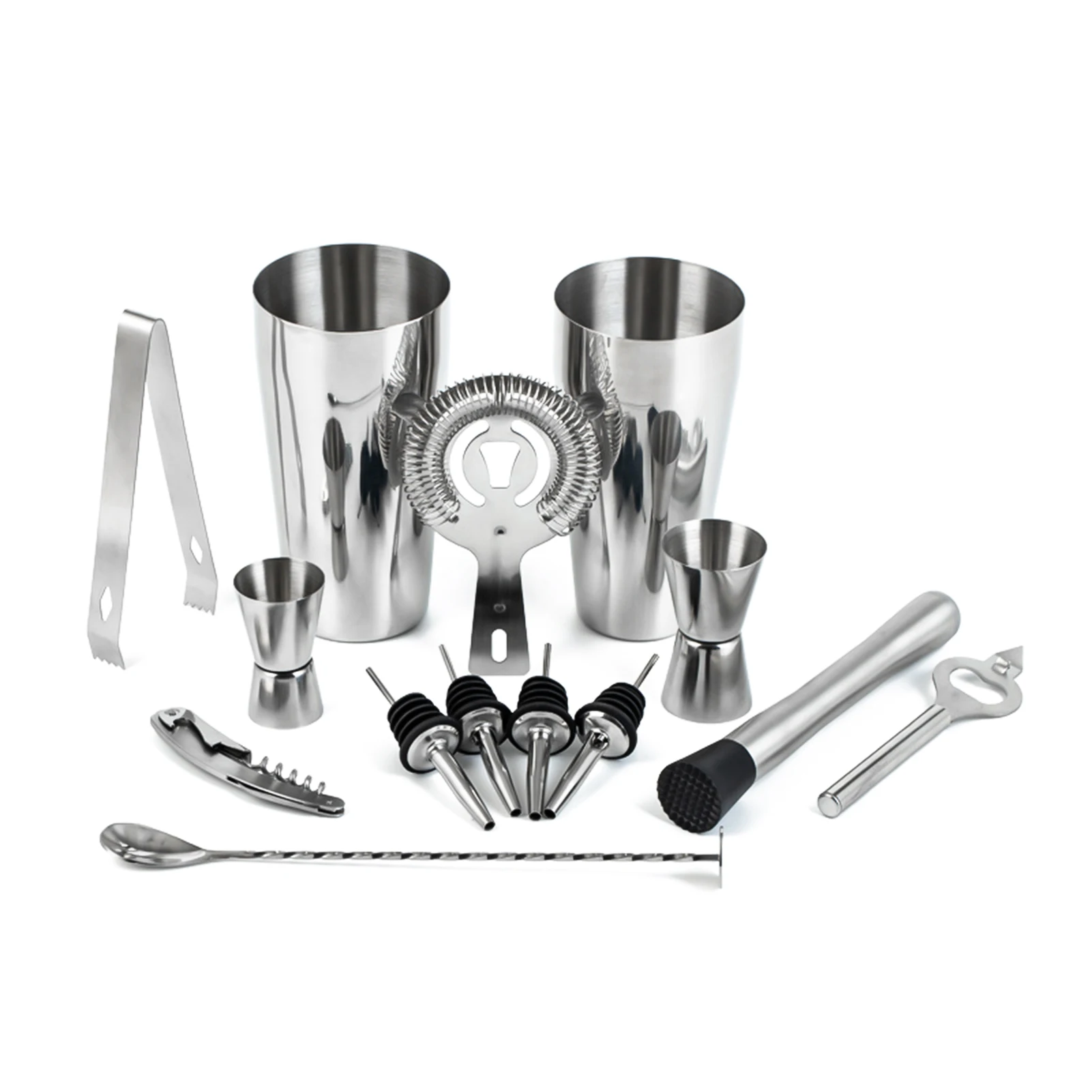 14pcs/set Mixology Bartender Kit Cocktail Shaker Set with Boston Shaker/ Jigger/ Pourers/ Ice Crusher/ Ice Tongs/ Mixing Spoon/