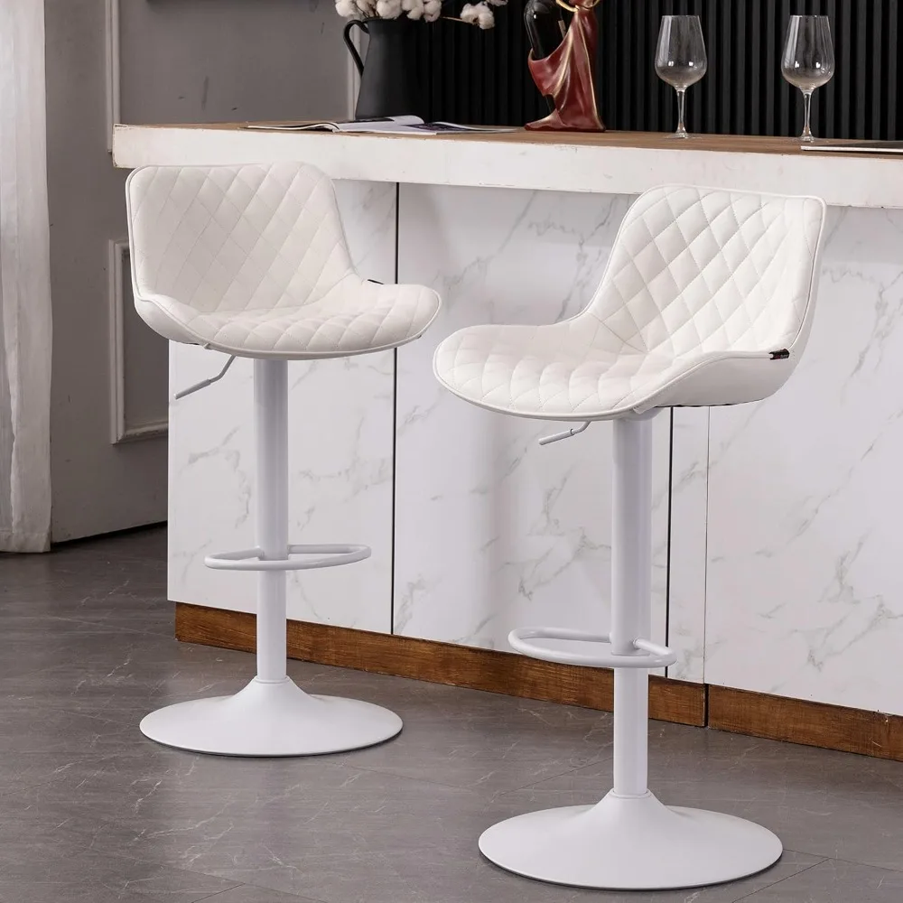 White Bar Stools Set of 2 Faux Leather Padded Counter Adjustable Metal Barstools High Back Swivel Chairs for Home Kitchen Island