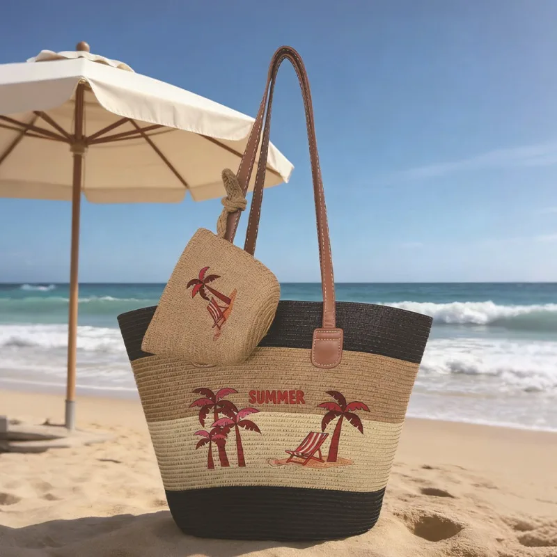 2PCS Straw Woven Bag Coin Purse Set Beach Coconut Tree Pattern Tote Bag Vacation Travel Shoulder Bag