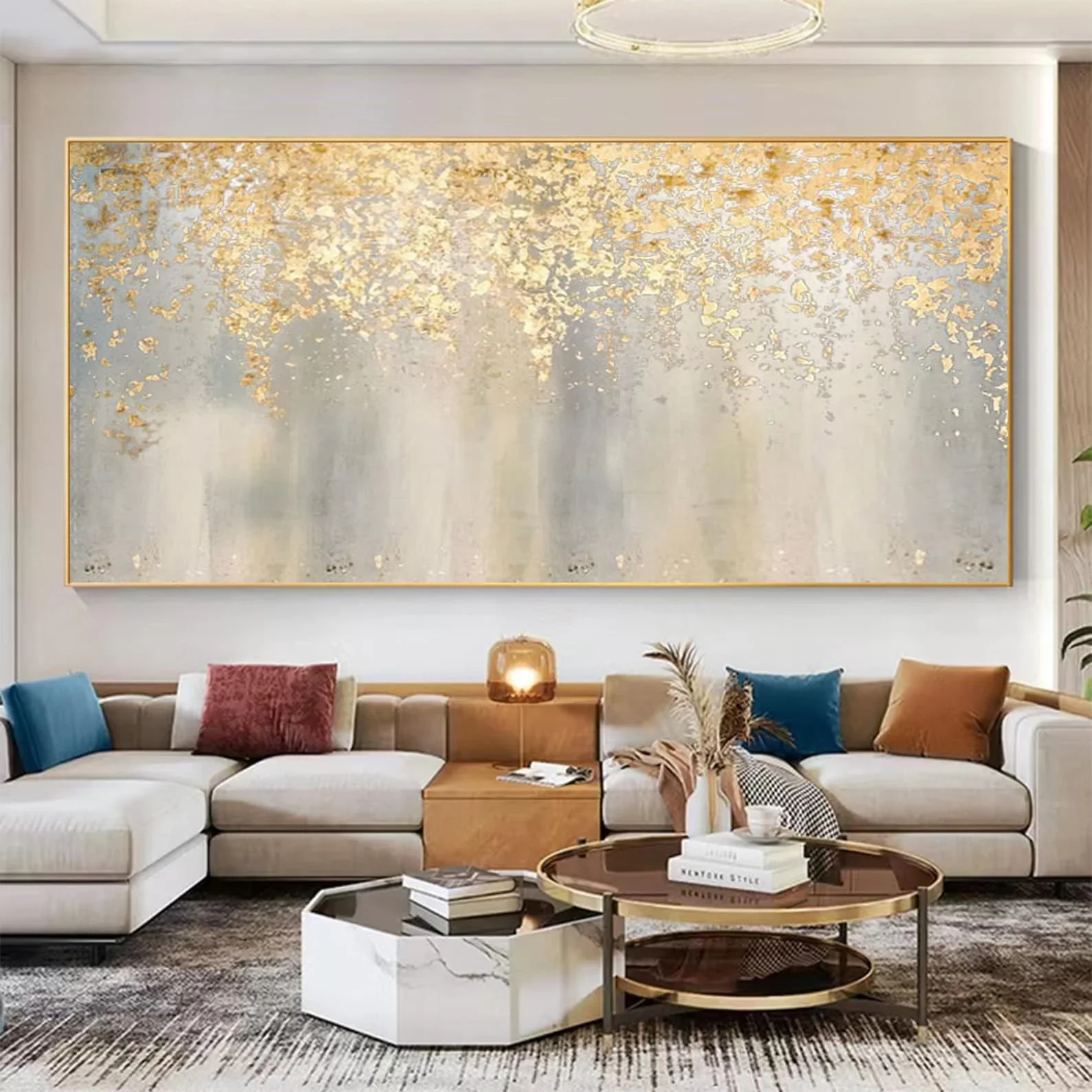 Large Abstract Gold Leaf Oil Painting on Canvas Boho Gold Foil Texture Acrylic Painting Modern Living Room Wall Art Home Decor