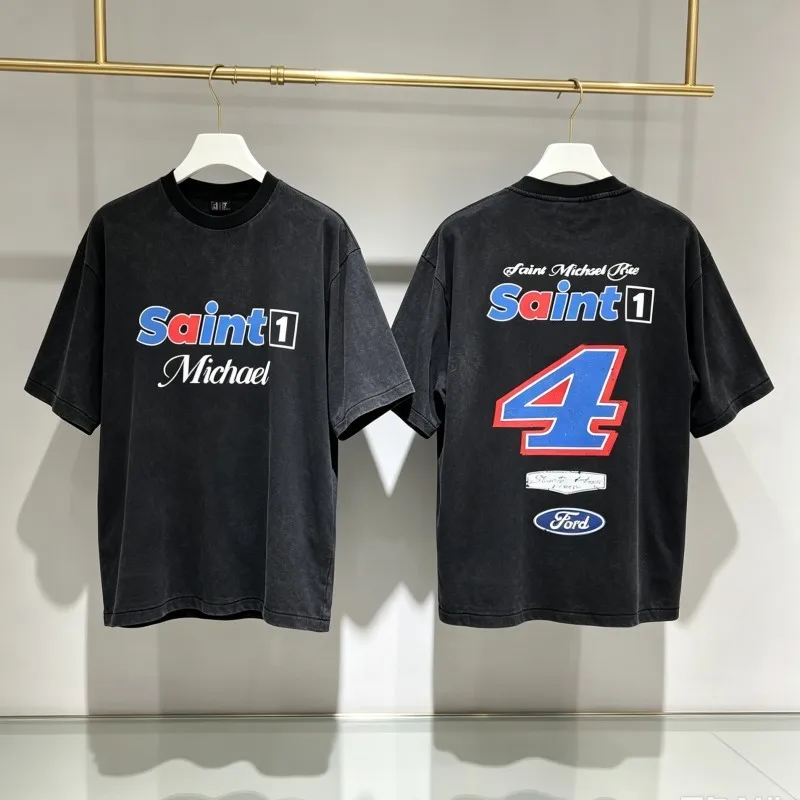 Blue Red Contrasting Letter Logo Saint Tshirts Vintage Balck Round Neck Short Sleeve Men Women No.4 Sports Tee Summer Streetwear