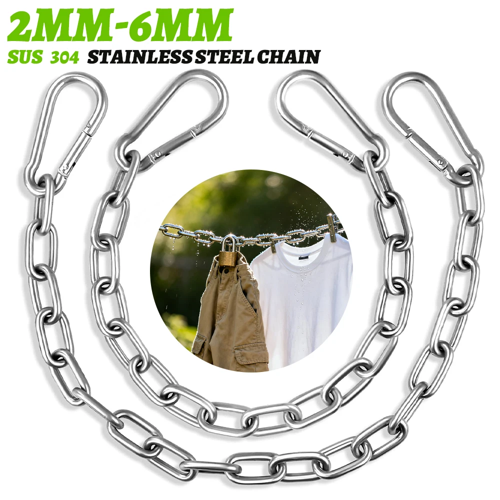304 Stainless Steel Chain with Quick Buckle 2/2.5/3/4mm Heavy Duty Rust-proof for Punching Bag/Chair/Hammock/Swing 1-5M