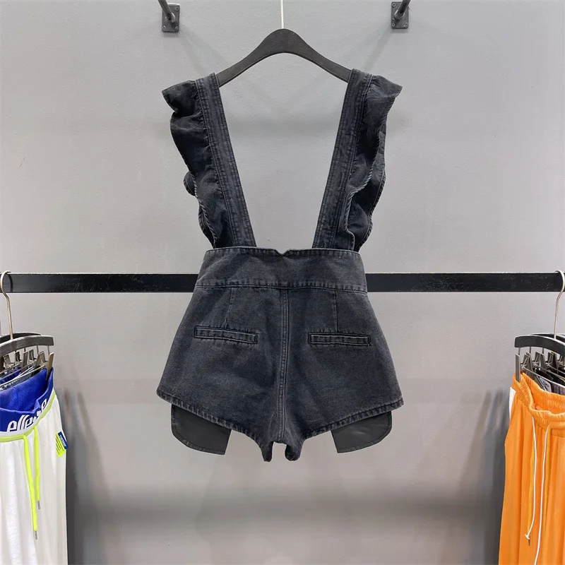 Mono vaquero de cintura alta con efecto antienvejecimiento, plones cortos de verano para mujer con bolsillos, jeans de pi...