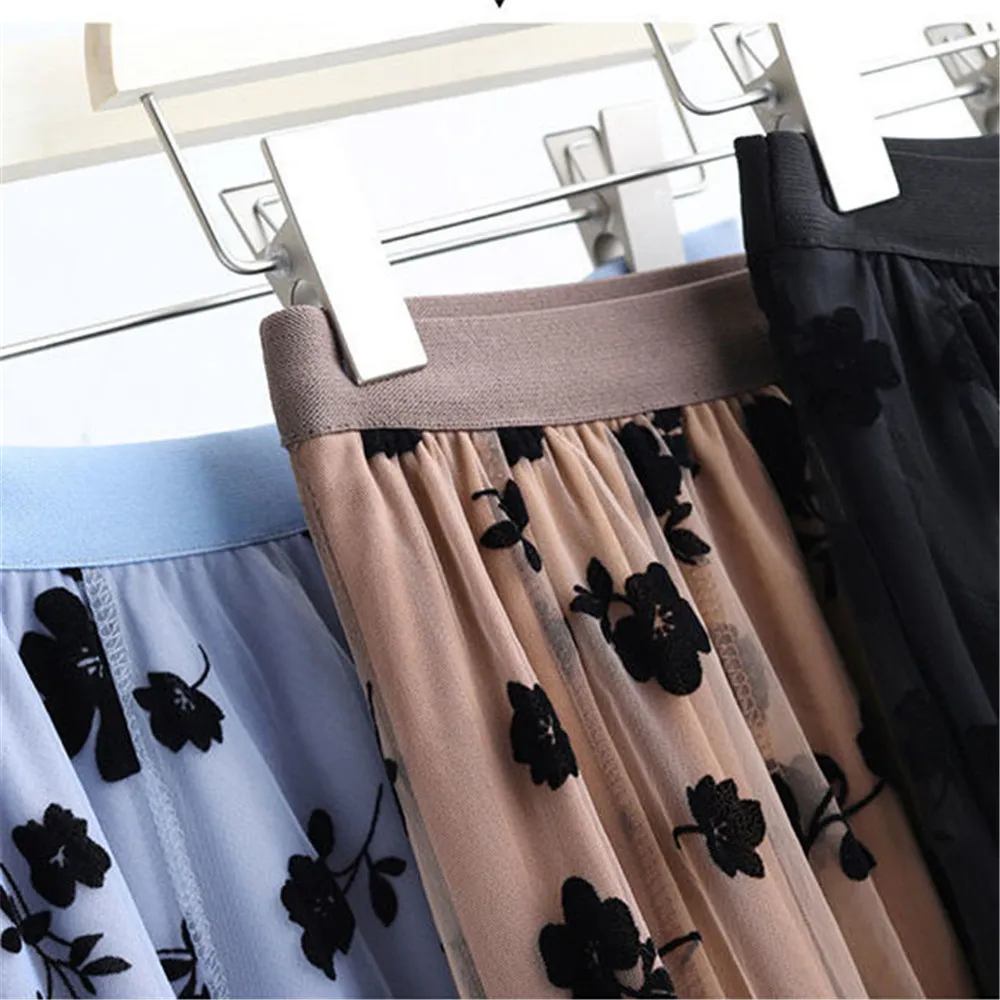 Ladies Vintage Floral Autumn Winter Skirt Women Casual Elastic High Waist Midi Pleated Mesh Tutu Skirt Women Tulle Skirt Female