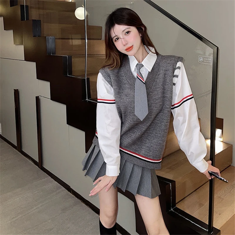 Giapponese coreano allentato Casual JK uniforme Set per le donne 4 pezzi grigio maglia cravatta camicia a vita alta gonna a pieghe primavera autunno