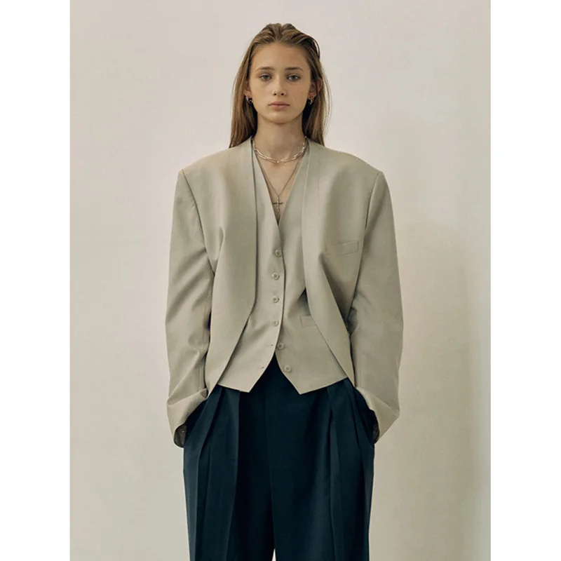 Maxdutti Minimalist Vintage Fashion Casual Commuter Suit Blazers Jacket Women Vest Tops Two Piece Set 2024