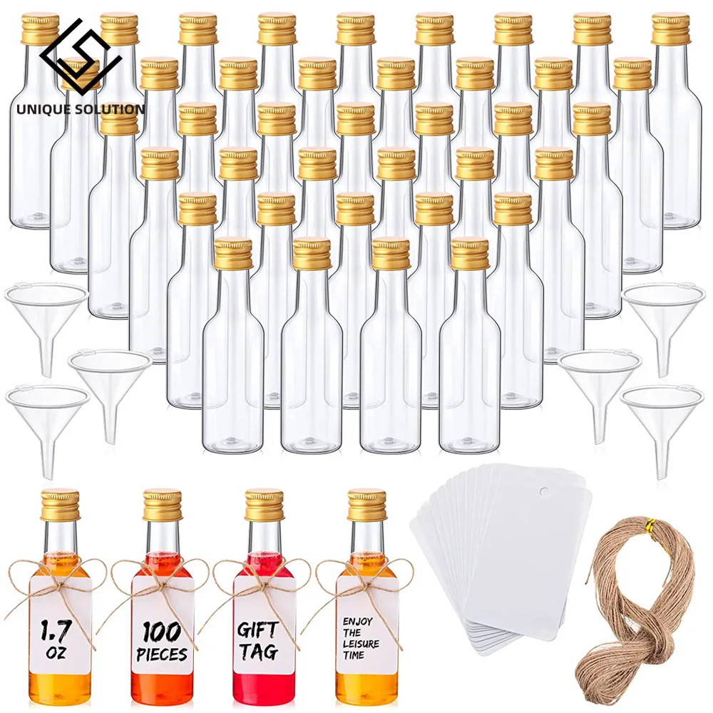 100Pcs Mini Liquor Bottles 1.7oz Plastic Shot Bottle Empty Spirit Bottle Small Alcohol Bottle with Caps, Funnels Tags Ropes