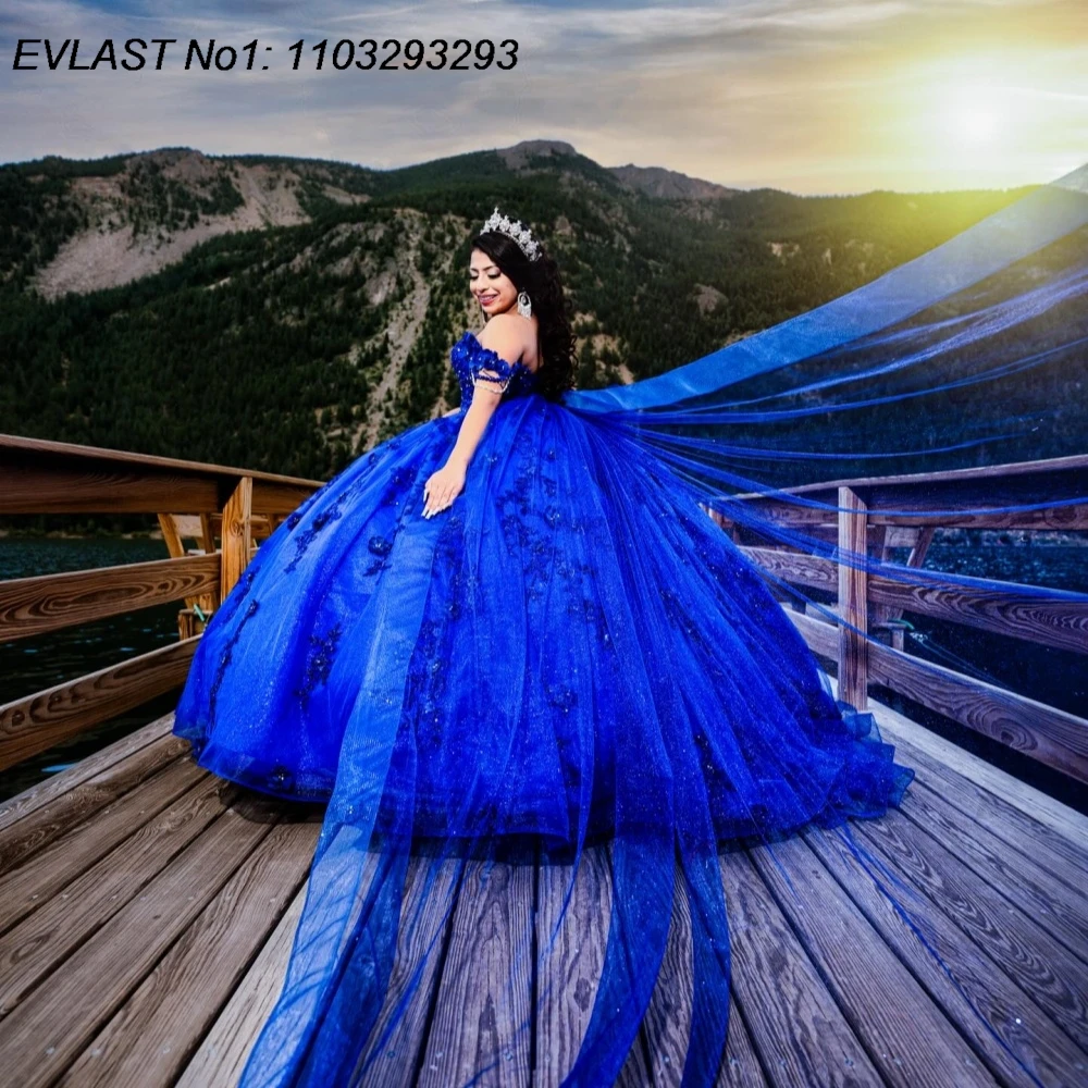 EVLAST Personalizzato Lucido Royal Blue Abito Quinceanera Abito di Sfera Glitter Applique di Pizzo Perline Dolce 16 Abiti Da 15 Anos E1QN566