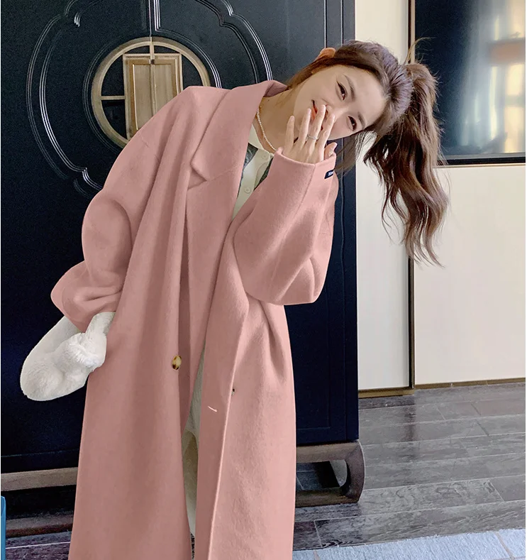 2024 Spring Clothes Women Woolen Coats Turn Down Collar Drouble Breasted Casaco Feminino Long Coats Tops New Invierno