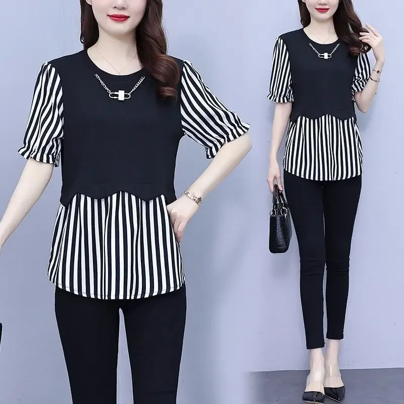 Fashion O-Neck Spliced Striped Fake Two Pieces Blouses Women's Clothing Summer New Loose Commuter Butterfly Sleeve Shirts L126