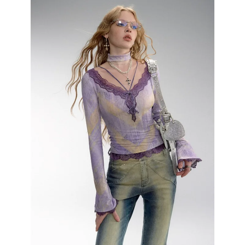 Staggered Plaid Lace Splicing T-shirt Women's New Spring and Autumn V-neck Design Slim-fitting Bottoming Top