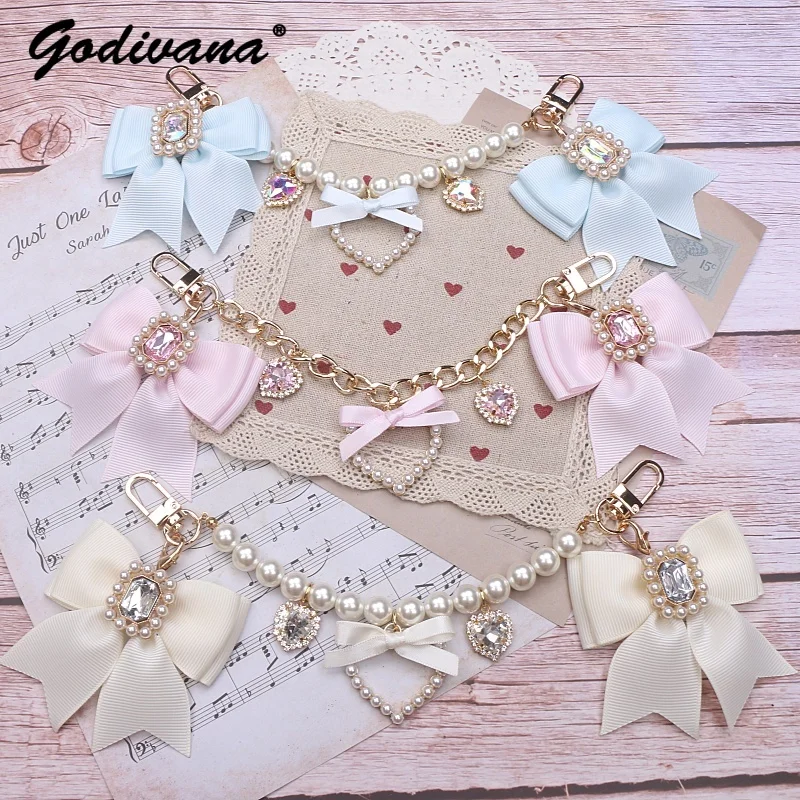 Handmade Japanese Sweet Lady Beaded Pearl Bow Rhinestone Love Pendant Bag Accessories Girls Fashion Bag Charms