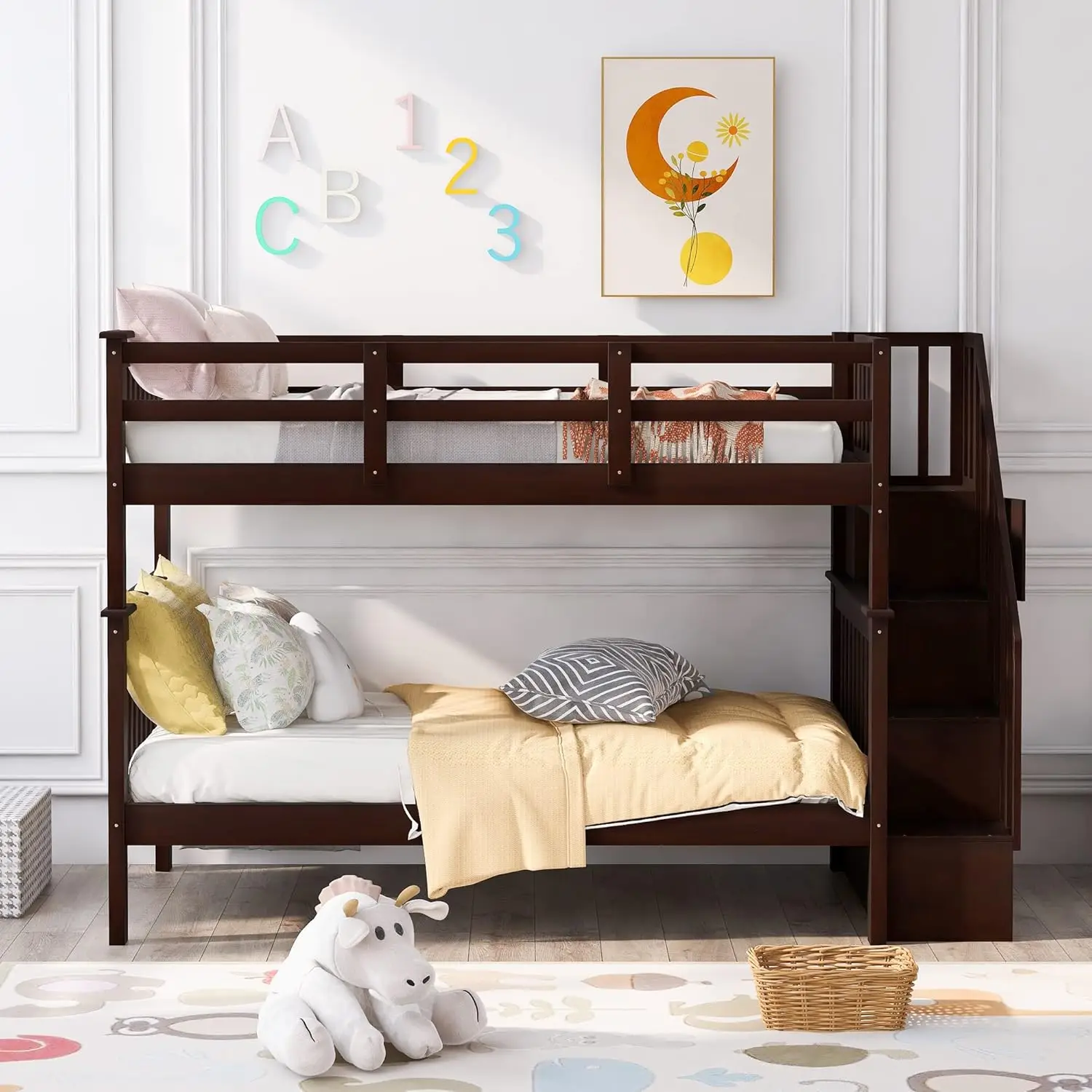 Twin Wooden Bunk Bed Twin Over Twin Storage Staircase Shelves Convertible 2 Separated Kids Adults