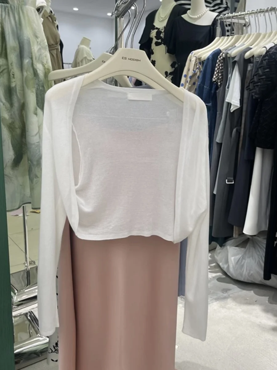 

Summer Ice Silk Knitted Sun Protection Short Thin Cardigan Women's Outerwear V-Neck Long Sleeve Slim Fit Korean Style Top