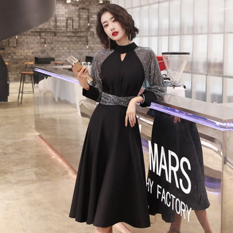 2024Elegant Evening Dress Women's Spring Long Sleeve Banquet Black Long Sleeve Small Man Annual Meeting Socialite Slimming