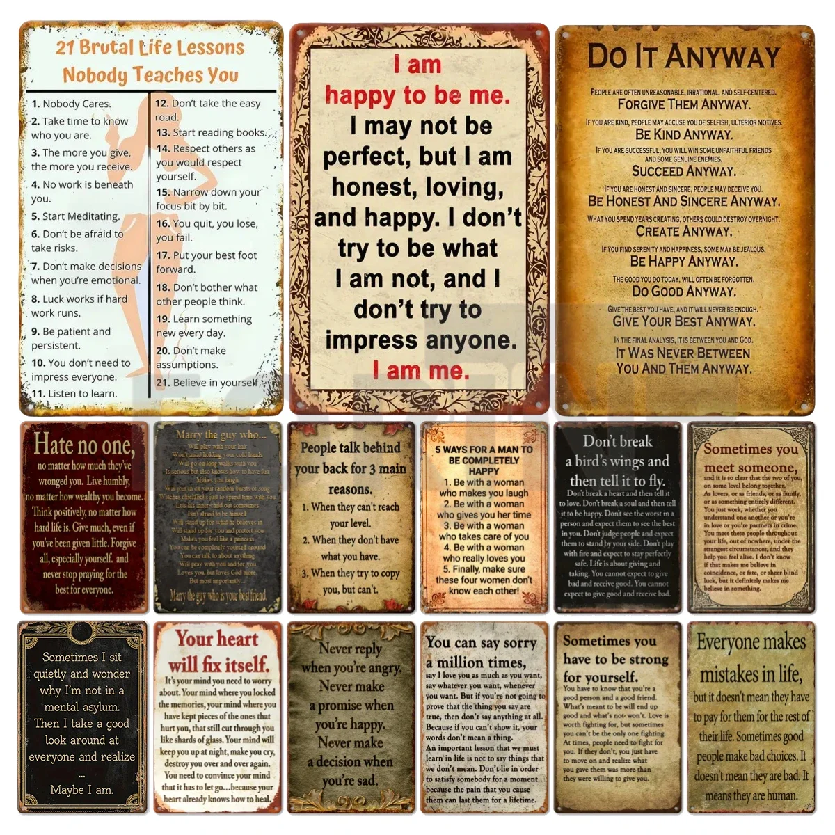 Vintage Metal Sign-21 Brutal Life Lessons,Motivational Phrases Poster for English,Wall Decor for Yard,Porch,Home,Cafe,Bar,Club