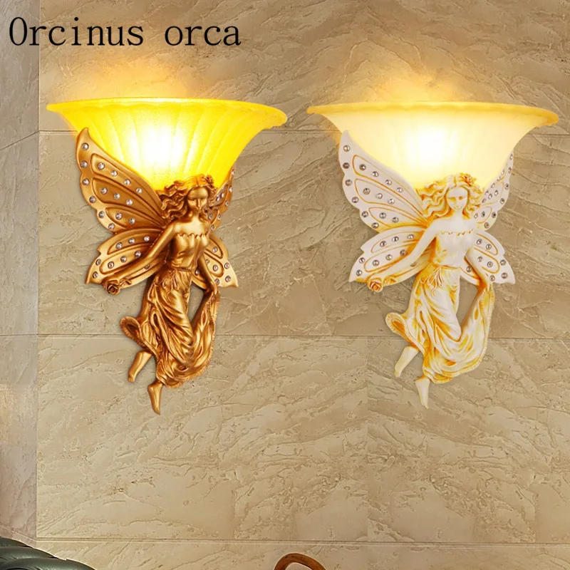 European style Angel Crystal lamp bedroom living room background wall corridor creative LED resin carved wall lamp