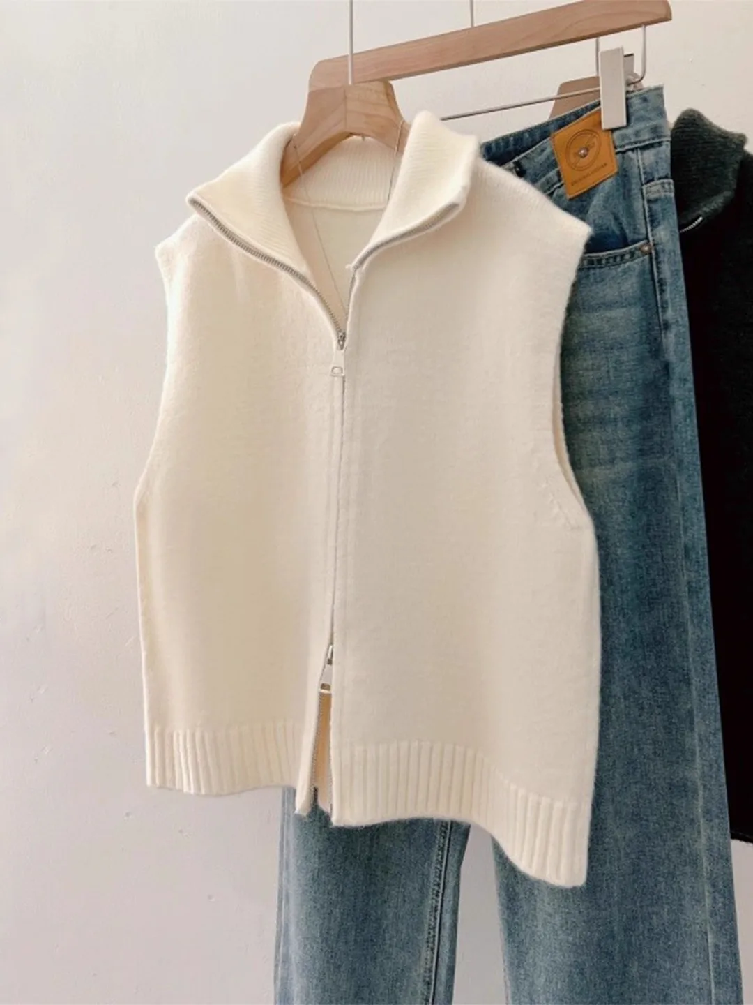 

Женский вязаный открытый кардиган, жилет с двойной молнией, откидной воротник, верхняя одежда из мягкого полиэфирного волокна, большой размер, осень-зима