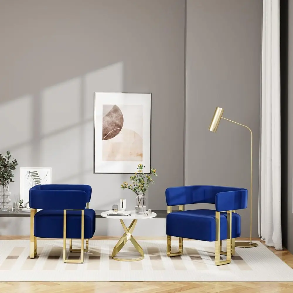 Navy Blue Velvet Accent Chairs Set o 2, Barrel Armchairs or Living Room | Bedroom Side Chairs, Velvet Upholstery, Curved Barrel
