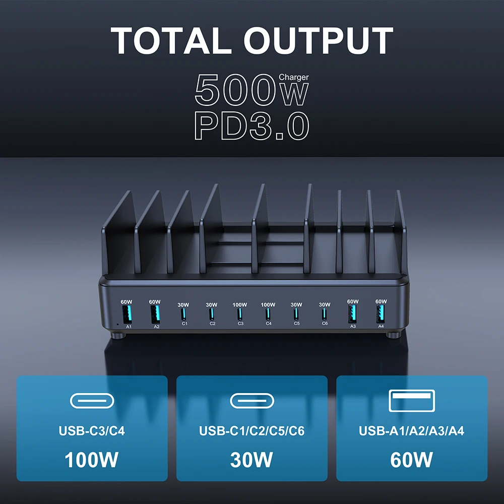 500W USB C Charger 10 Ports GaN Charging Station Stand PD 100W Fast Charge for MacBook Pro iPhone Samsung Laptops Tablets
