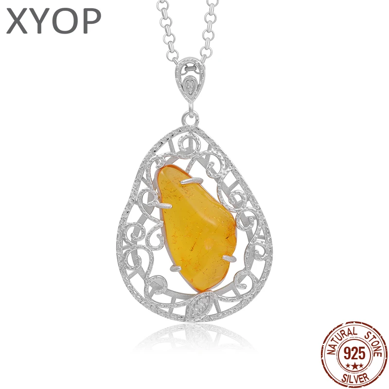 

XYOP Natural Insect Amber 925 Sterling Silver Pendant Irregular Shape Ambers Pendant Original Stone Charms Necklace Lucky Gifts