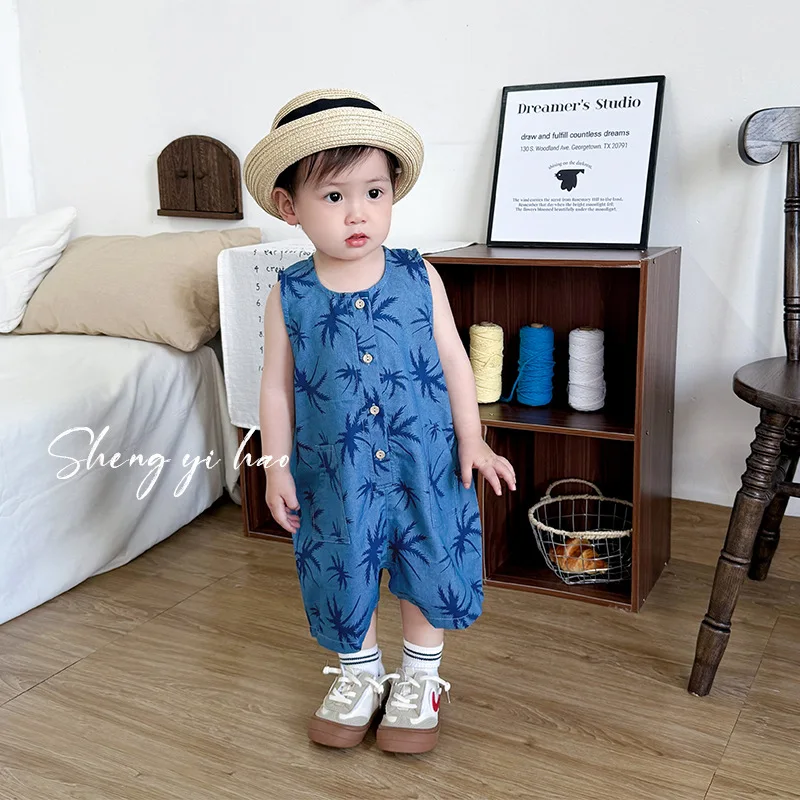 

2026 Summer Sleeveless Printed Denim Romper for Baby Boys Girls Beach Vacation One-Piece Toddler Jumpsuit Casual Outfit
