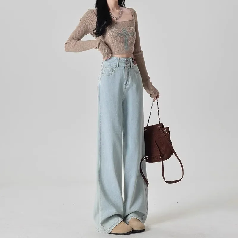 ربيع 2025 جديد المرأة عالية الخصر واسعة الساق الجينز التخسيس إخفاء الطابق طول السراويل القطن تمتد سراويل جينز