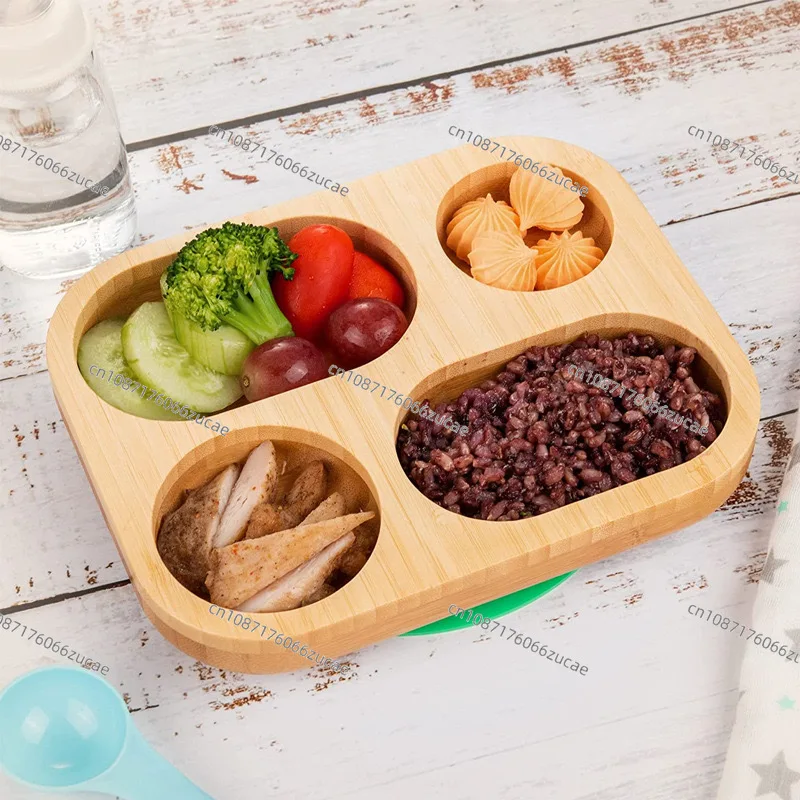 Children's Eating Distribution Tray Children's Complementary Food Silicone Base Tray Wooden Tray Meat and Vegetable Matching