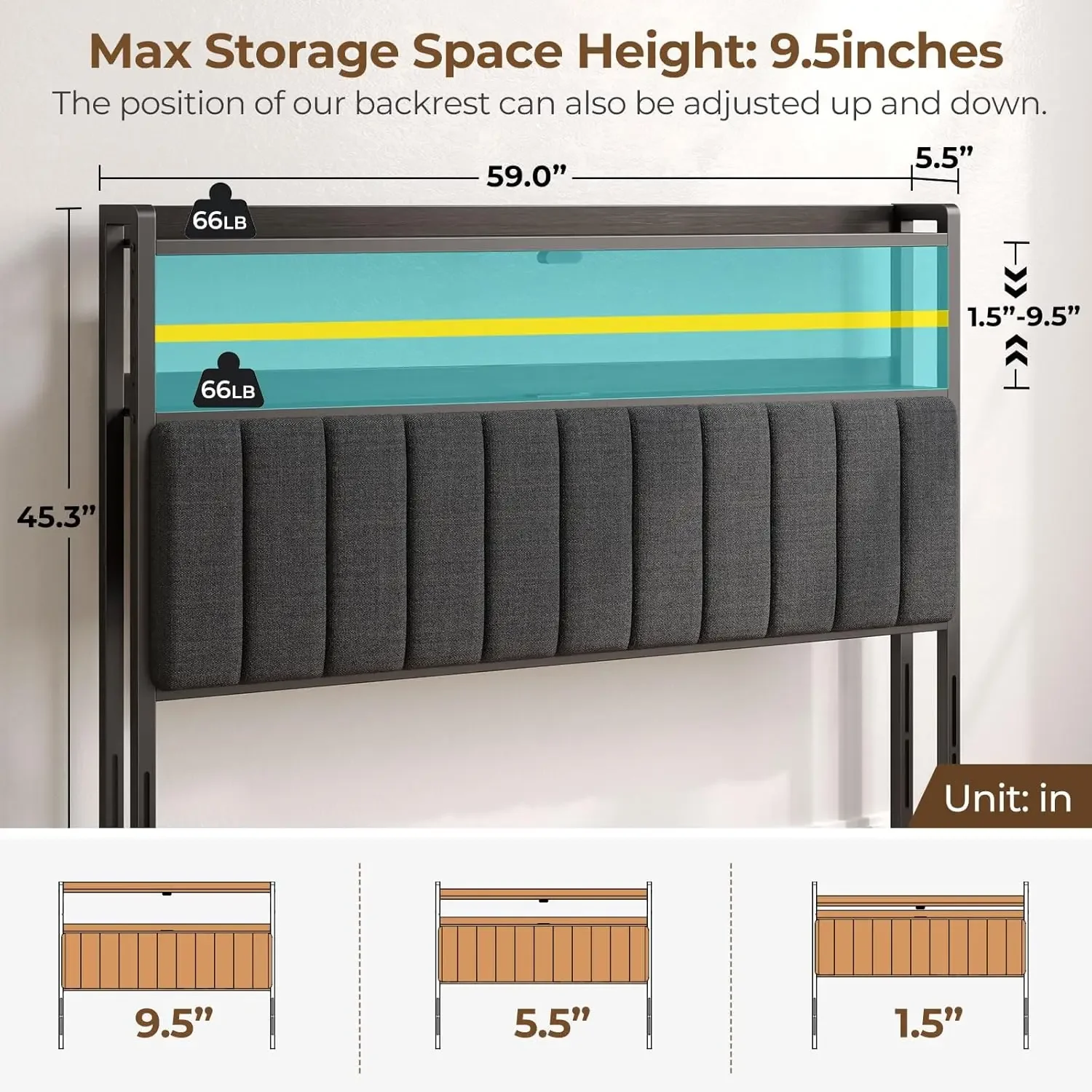 Headboard for Queen Size Bed with Storage, 60,000 DIY Color of LED Light, Head Board with USB & Type C Port