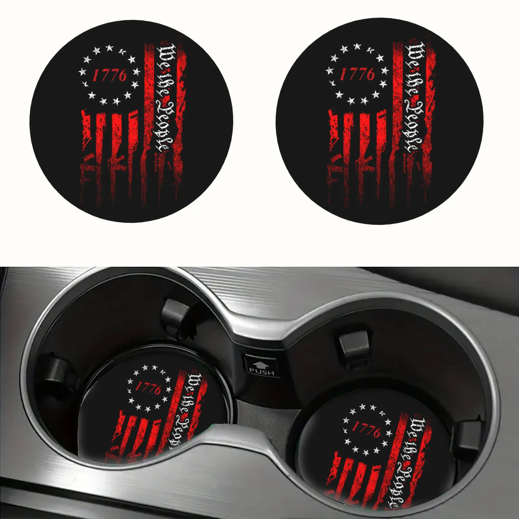 Set Of 2 Black And Red 1776 Patriotic Design Car Cup Holders - Durable Drink Mats For Vehicles, Great For Home Kitchen Decoratio