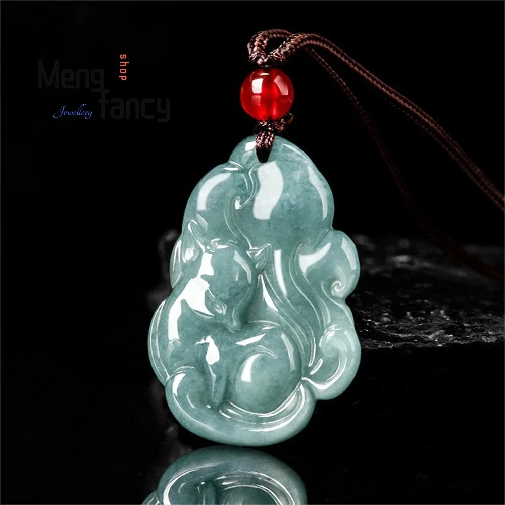 Genuine Natural A-goods Jadeite Blue Water Nine-tailed Fox Pendant Exquisite Mascots Luxury Quality Fashion Jewelry Holiday Gift