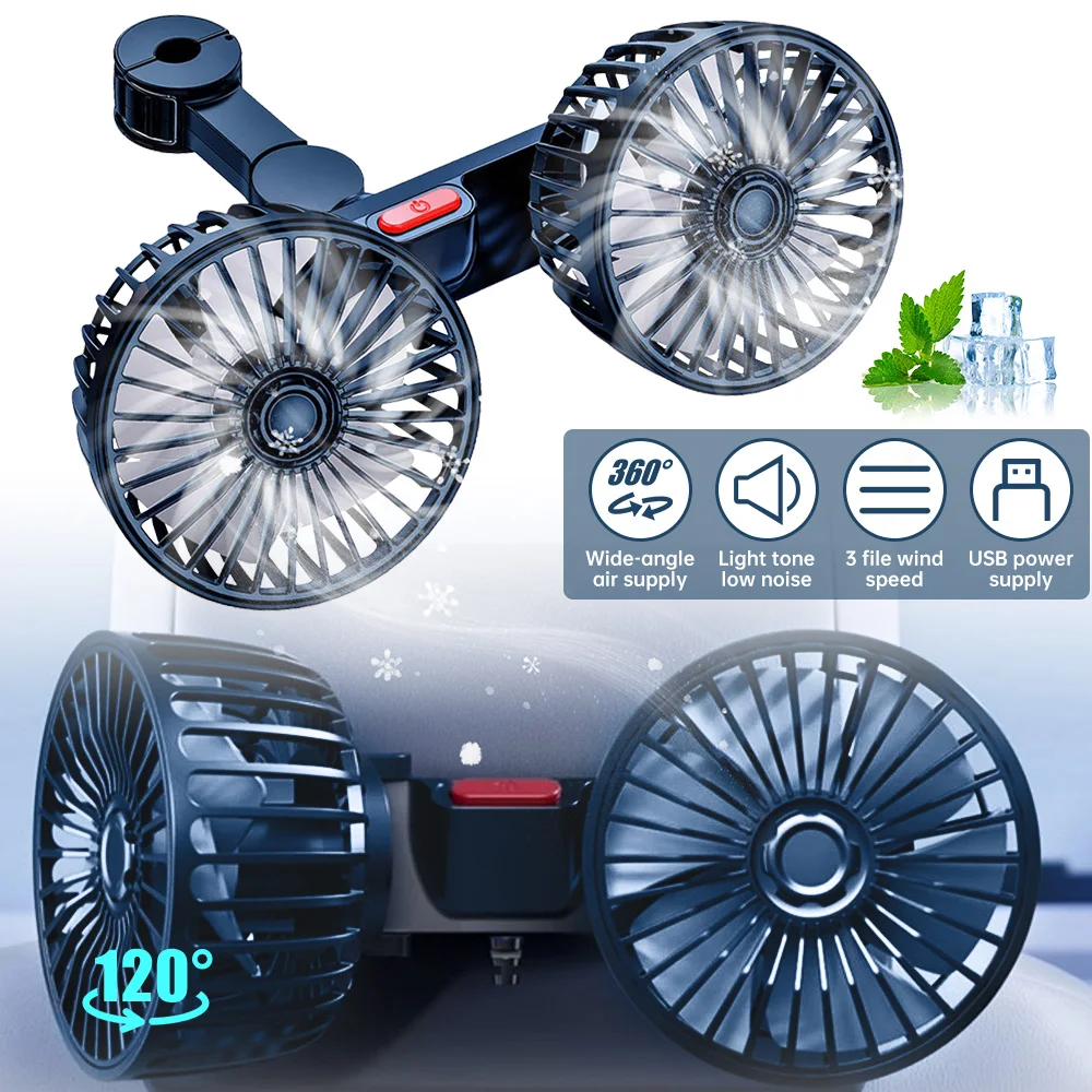 Dual Head Fan USB Car Charging 12V/24V 3Speed Wind Auto Cooling Fan 360° Rotatable Vehicle Fan for SUV Dashboard Air Circulation