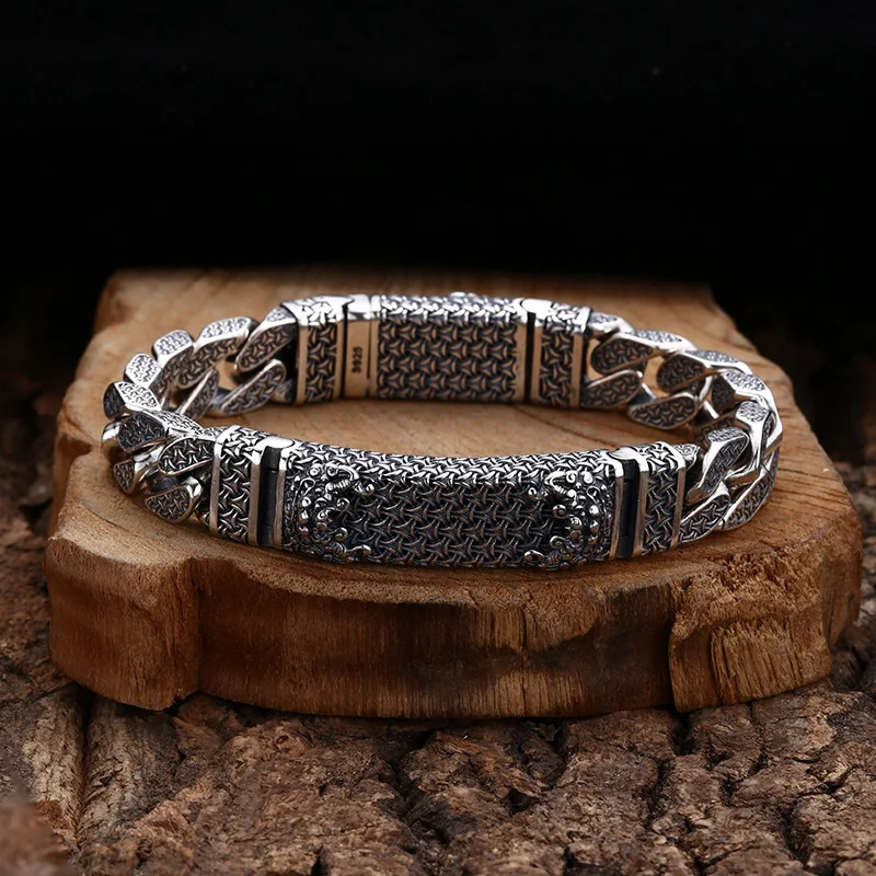 S925 Sterling Silver Armor Pattern Bracelet Simple Style Old Process Hip Hop Lion 18 20CM Cuba Chain Fine Jewelry FYBT110