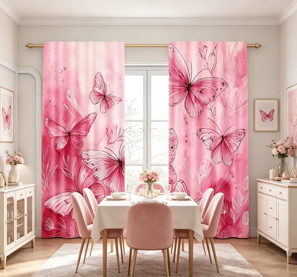 2PCS Digital Printed Curtains, Pink Branch Butterfly Pattern, Beautiful Window Drapes for Living Room Bedroom Home Decor
