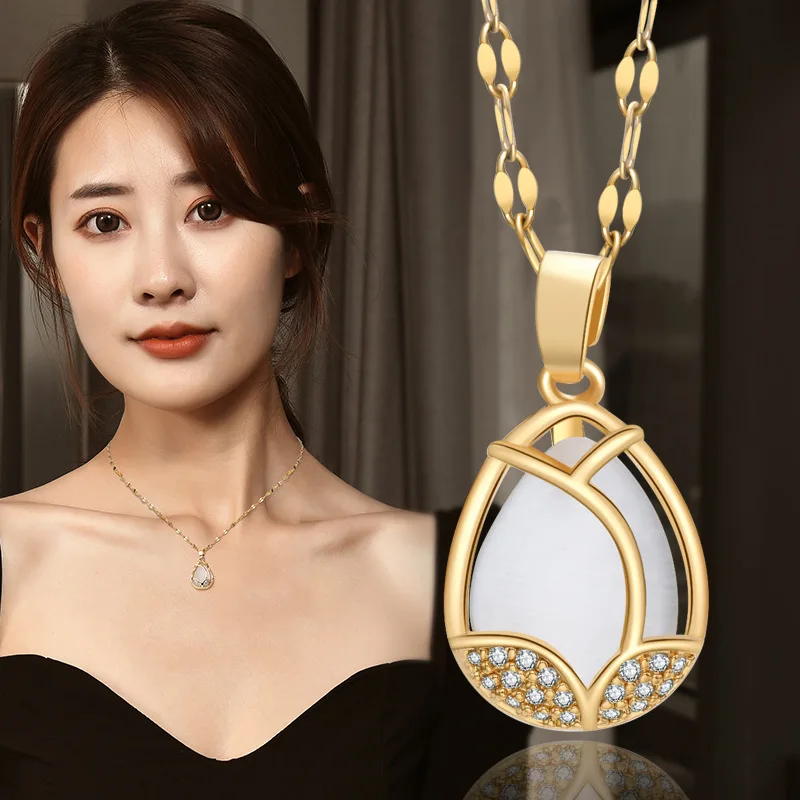 티타늄 스틸 튤립 목걸이, 우아한 쇄골 체인, 여성용 고양이 눈 스톤 펜던트, 패셔너블하고 다재다능함