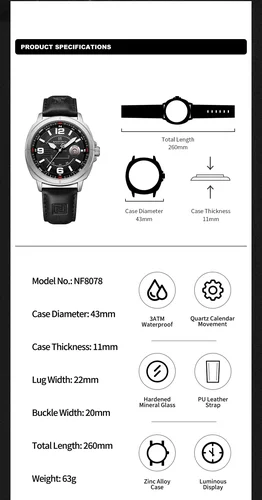 Imagen 2 del producto NAVIFORCE NF8078 reloj de pulsera con calendario de banda de PU de alta calidad, reloj de cuarzo para hombre, relojes impermeables con indicador de fecha automático