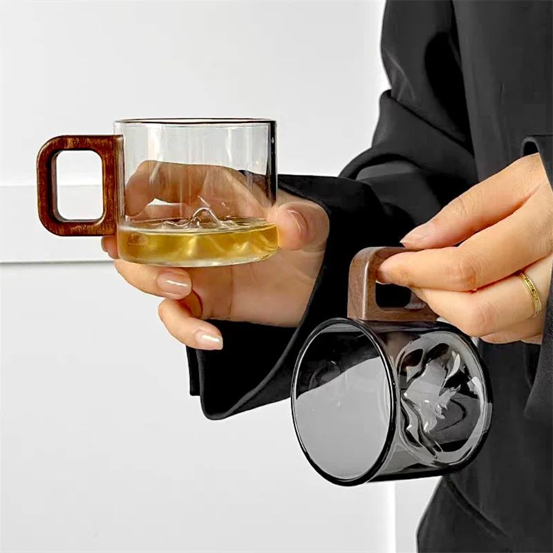 Small capacity 110ml Walnut Wooden Handle Glass Coffee Mug Freshly Ground Coffee Cup Home Tea Milk Breakfast Cups Drinkware view 5